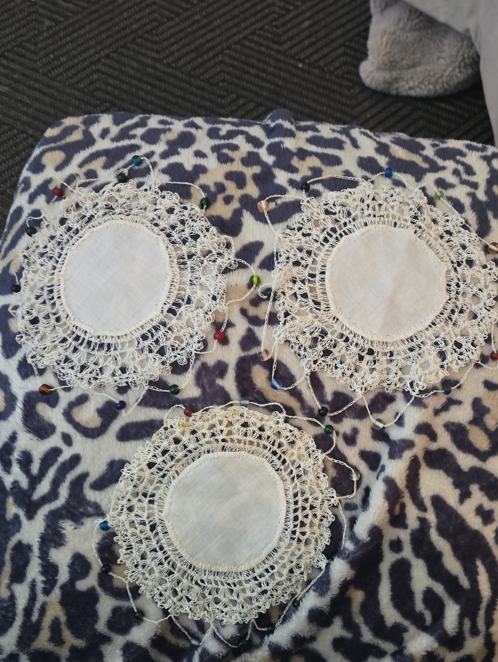 Handmade Cream Crochet Lace Doilies with Multicolor Bead Trim - Set of 3